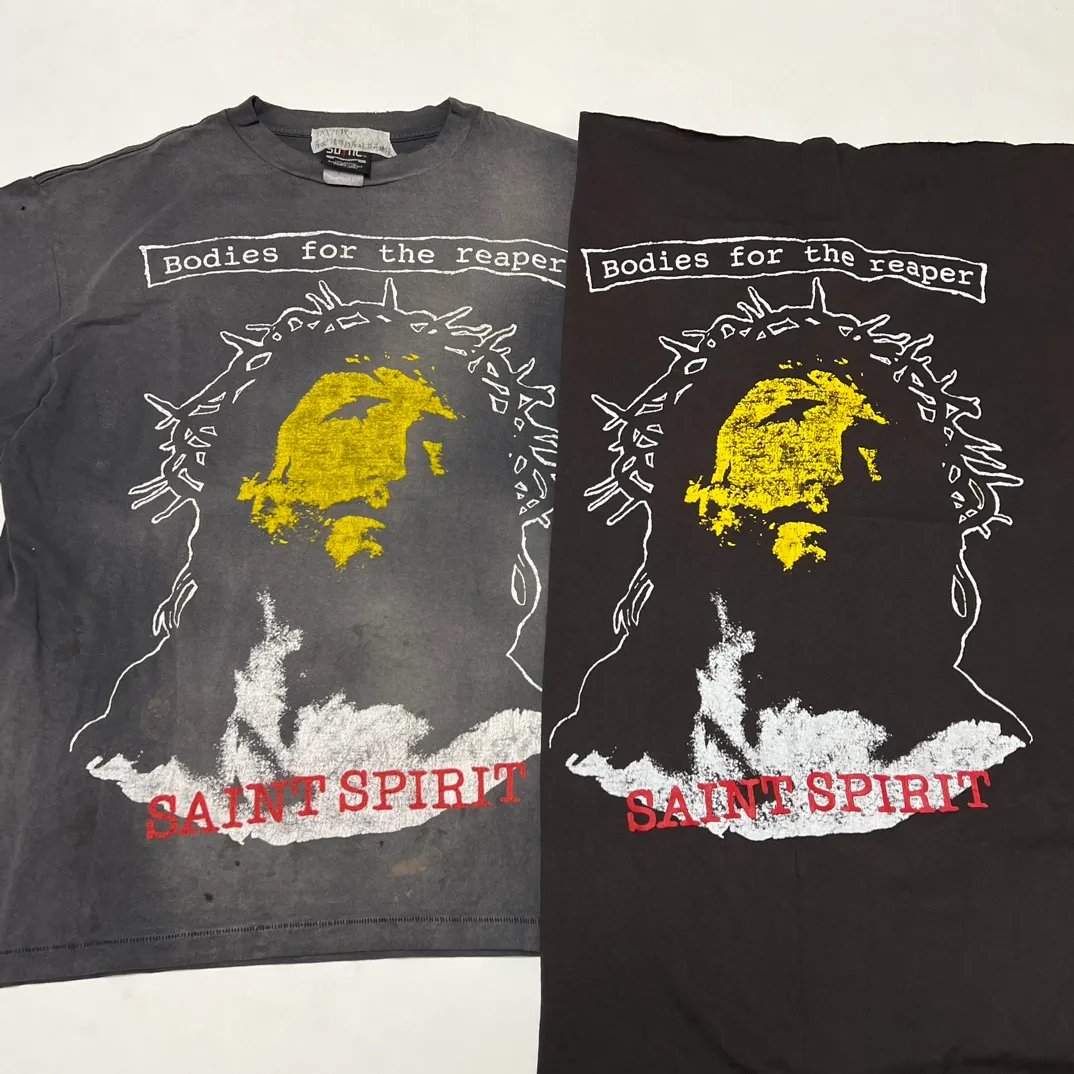 SAINT MICHAEL SS TEE/B FOR REAPER Jesus Hell's Angels Washed and Distressed Short Sleeves Washed Black S-XL Garment Dyed Printed Washed and Distressed